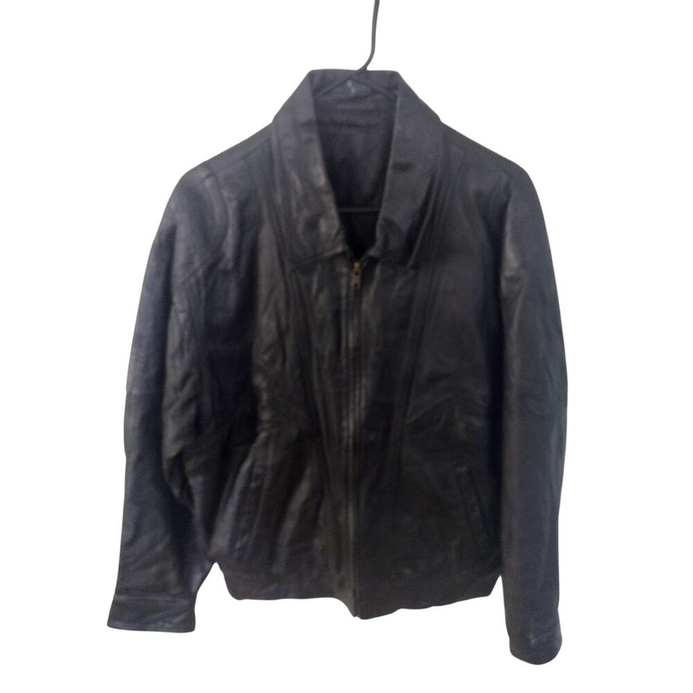 70s Black Leather Bomber Jacket Large - Vintage Handmade Rocker Style Biker Coat